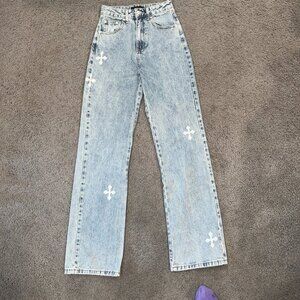 WHITE FOX IRON CROSS HIGH RISE STRAIGHT LEG CHROME HEART INSPIRED JEANS - XS